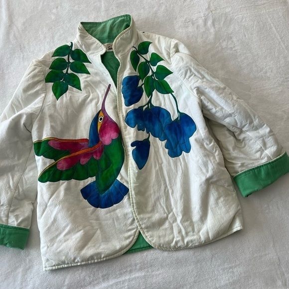 Vintage 90s Open Front Canvas Jacket With Hummingbird Art by Julia Pinkham - Picture 1 of 9